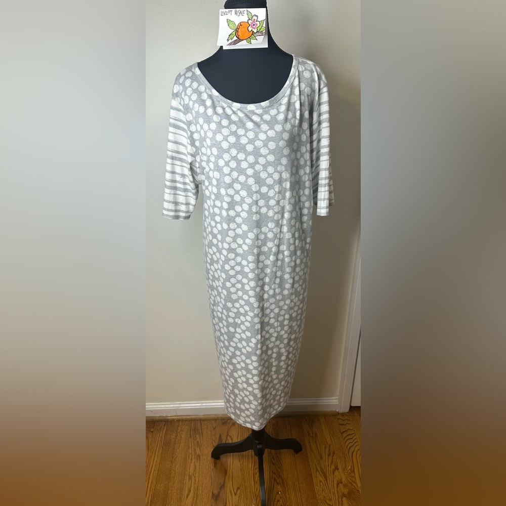 NWT grey and white stripe/ polka dot LuLaRoe Julia Dress, sz 3XL
